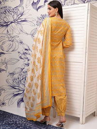 Vishudh Mustard Ethnic Motifs Printed Regular Pure Cotton Kurta with Trouser & Dupatta