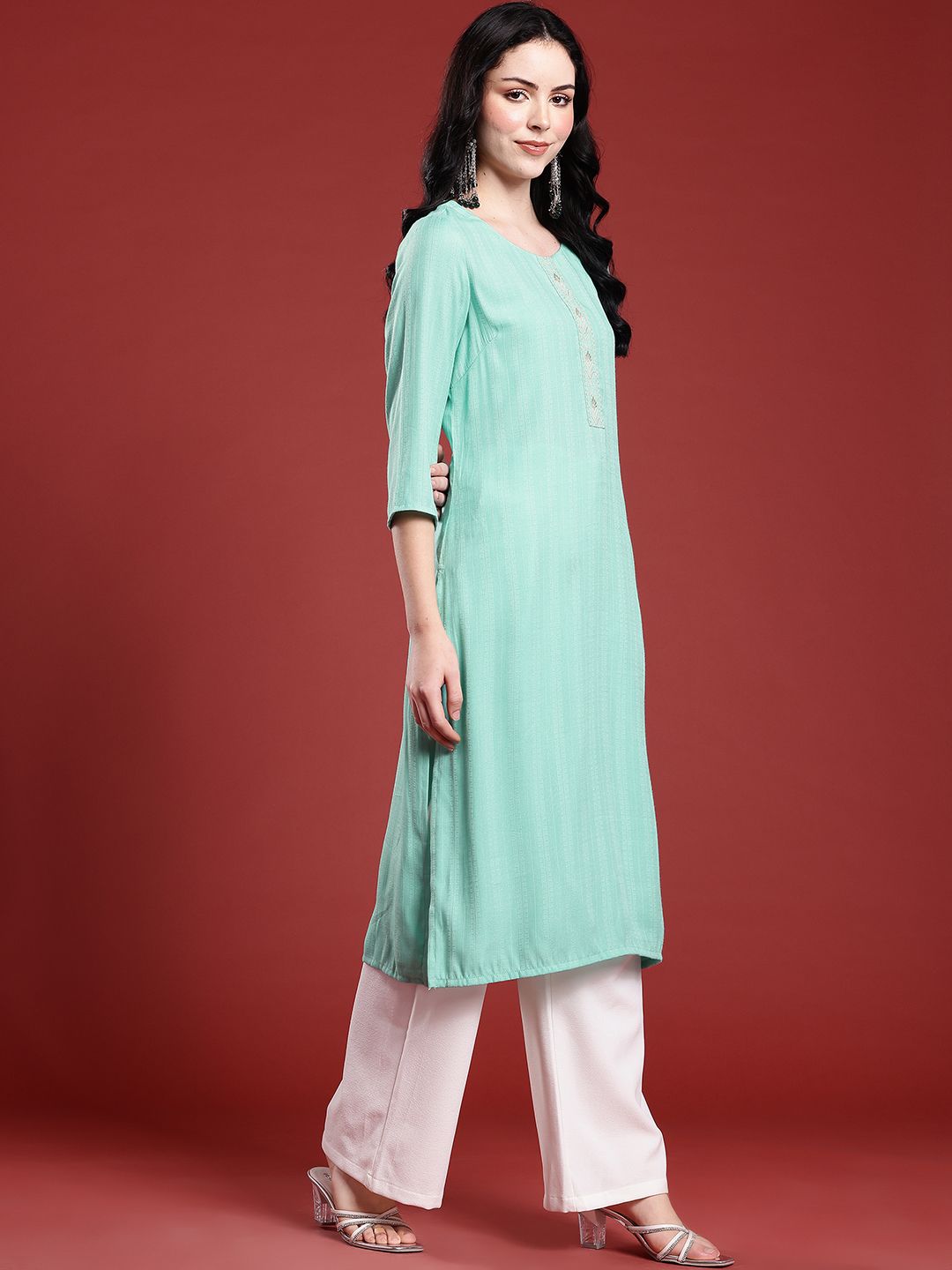 Anouk Woven Design Thread Work Straight Kurta