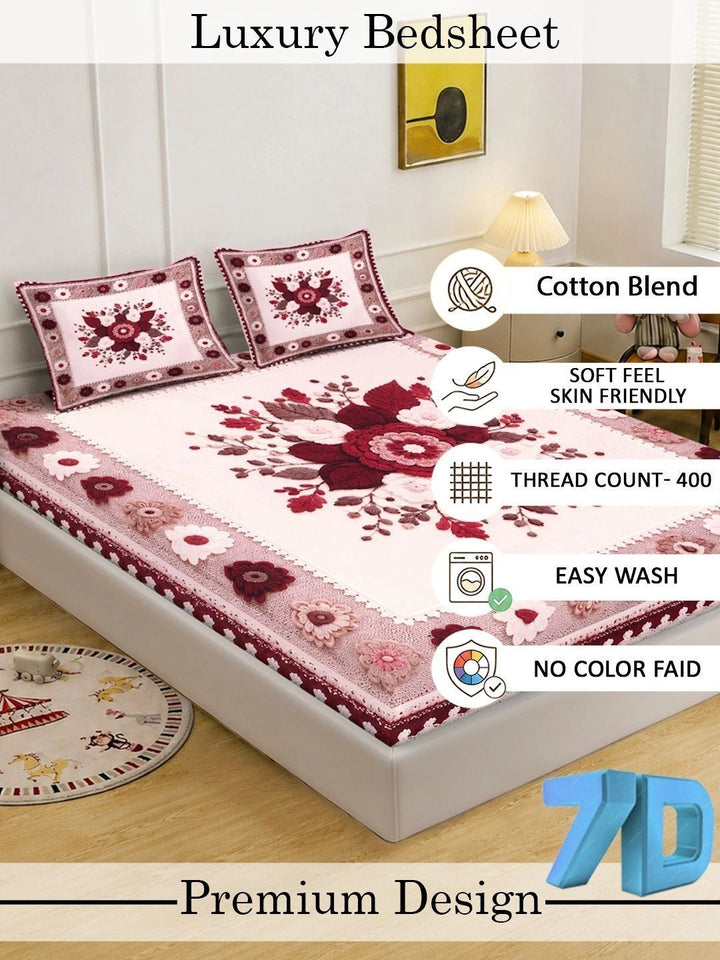 KLOTTHE Maroon & Pink Floral 400 TC Cadar King dengan 2 Sarung Bantal