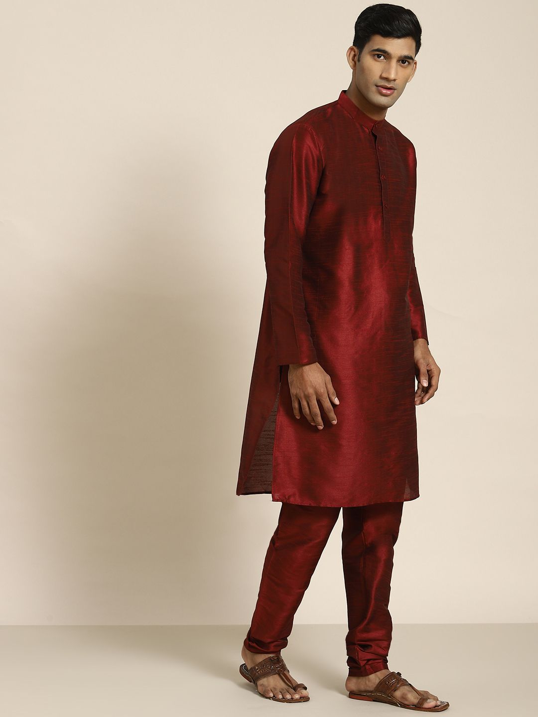 SOJANYA Men Maroon Mirror Work Kurta with Churidar