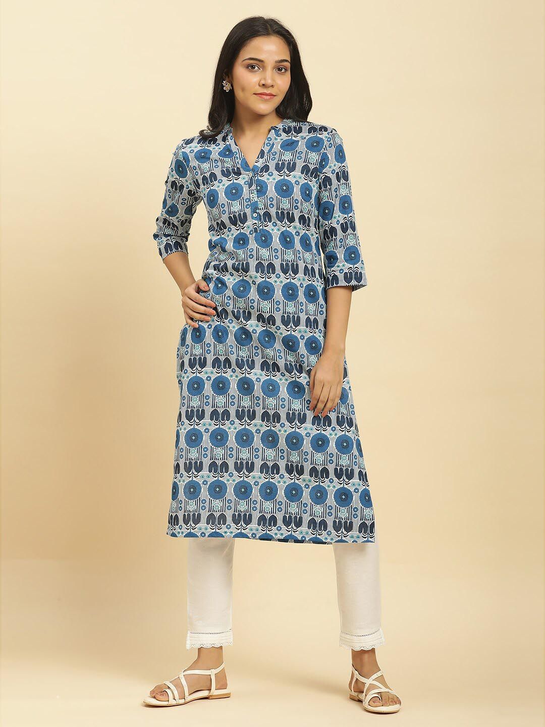 W Blue & White Geometric Printed Mandarin Collar Cotton A-Line Kurta