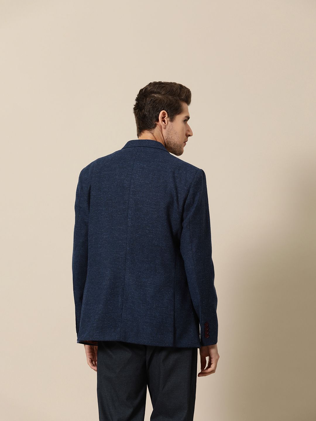 Mr Bowerbird Men Navy Blue Solid Single Breasted Casual Tweed Blazer