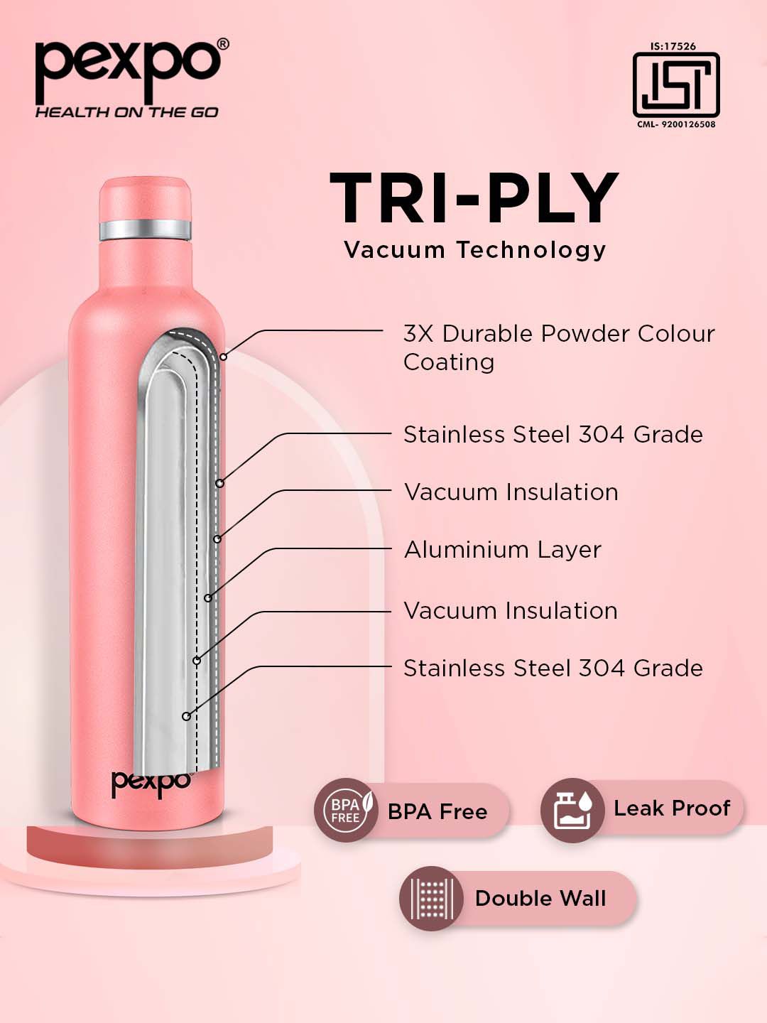 Pexpo Oreo Pink Solid Stainless Steel Double Wall Vacuum Water Bottle - 1L