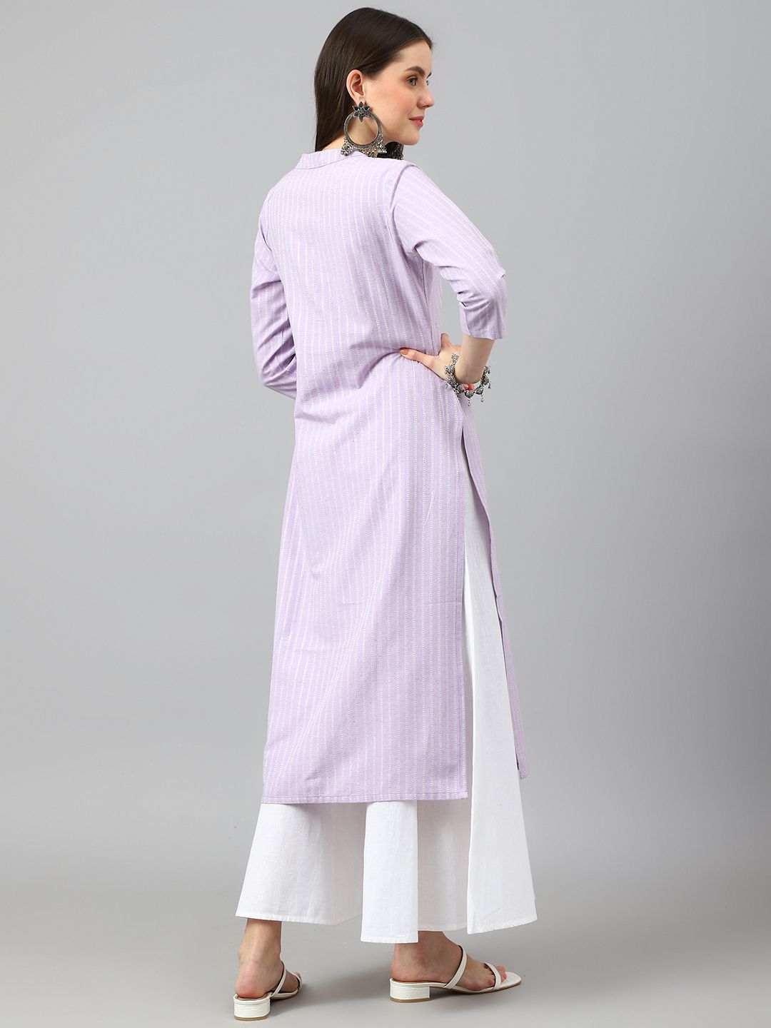 KALINI Striped Mandarin Collar Jacquard Cotton Straight Kurta