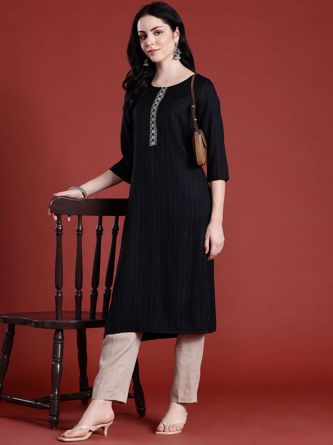 Anouk Woven Stripes Thread Work Detail Straight Kurta
