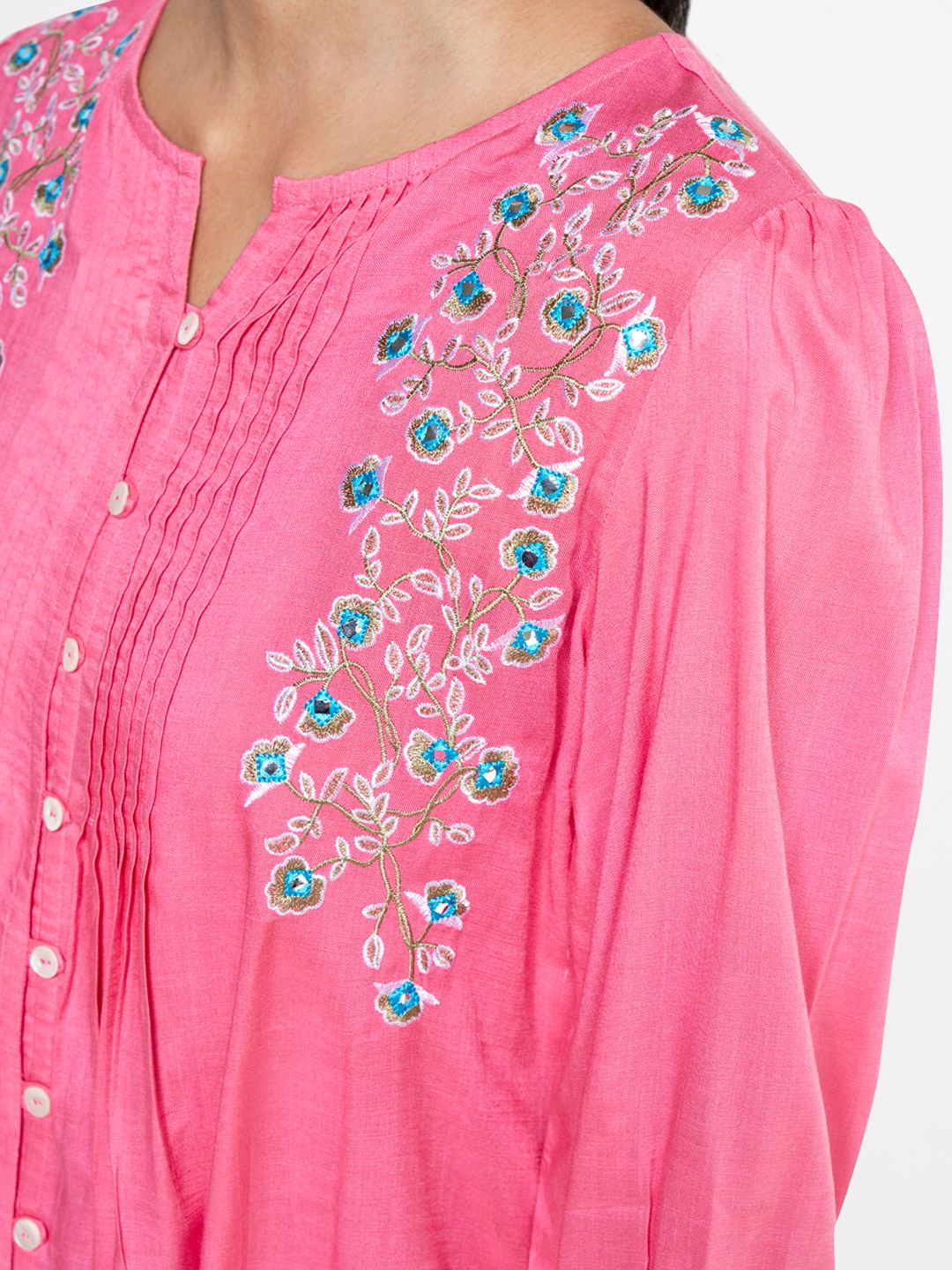 Global Desi Floral Embroidered Round Neck Top