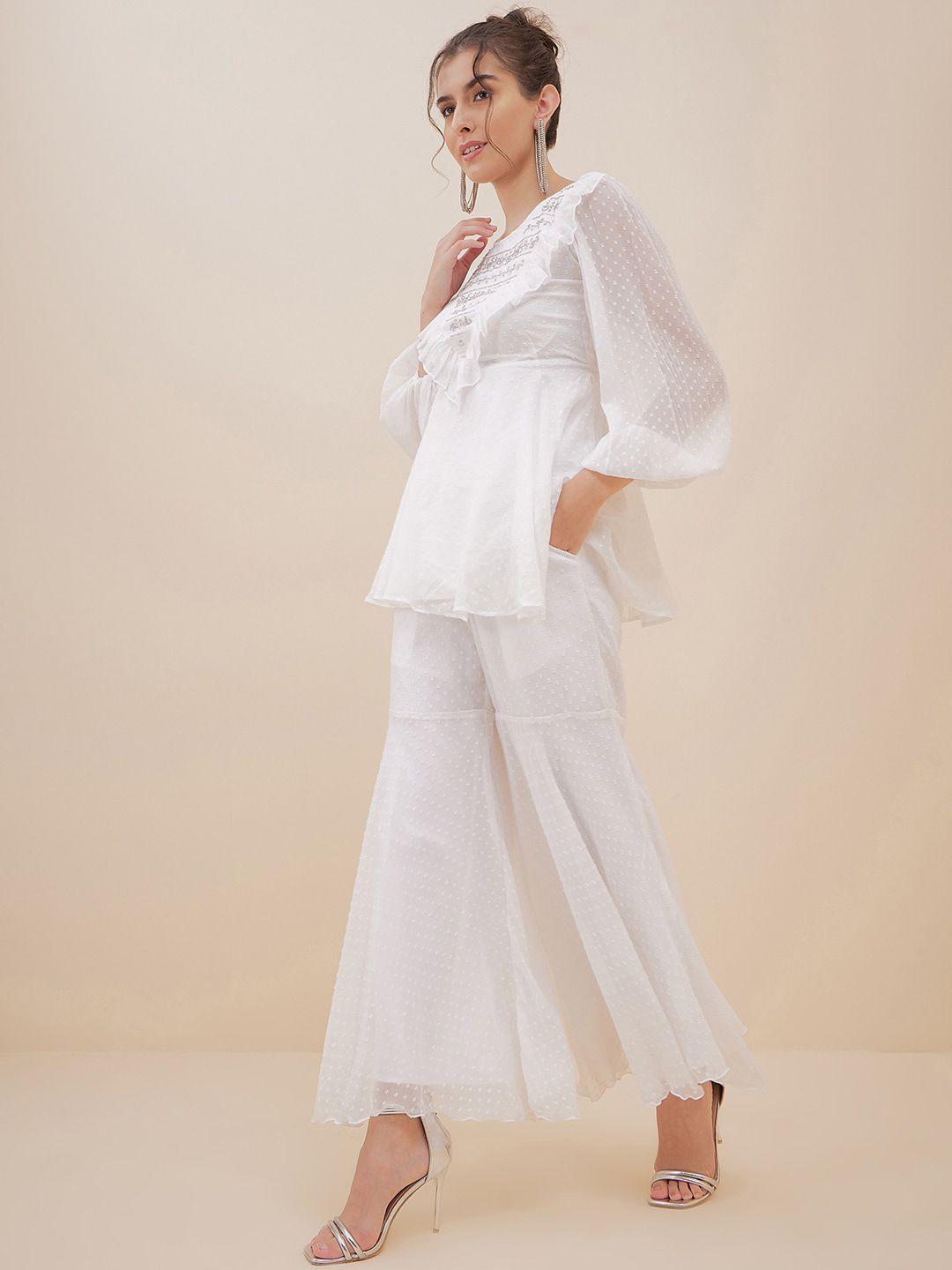 Antheaa Off White Self Design Embellished Puffed Sleeves Top With Palazzos