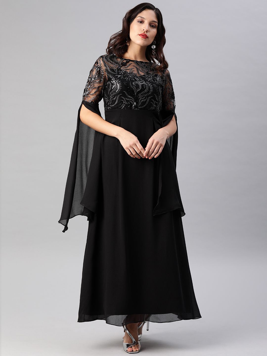 Athena Black Embellished Slit Sleeves Maxi Dress