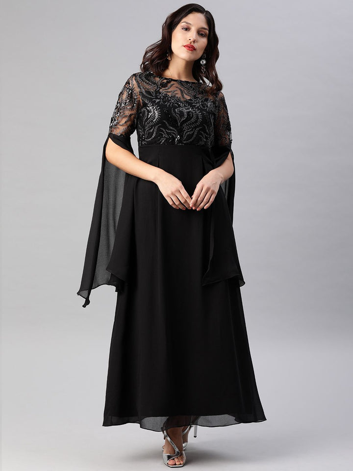 Athena Black Embellished Slit Sleeves Maxi Dress
