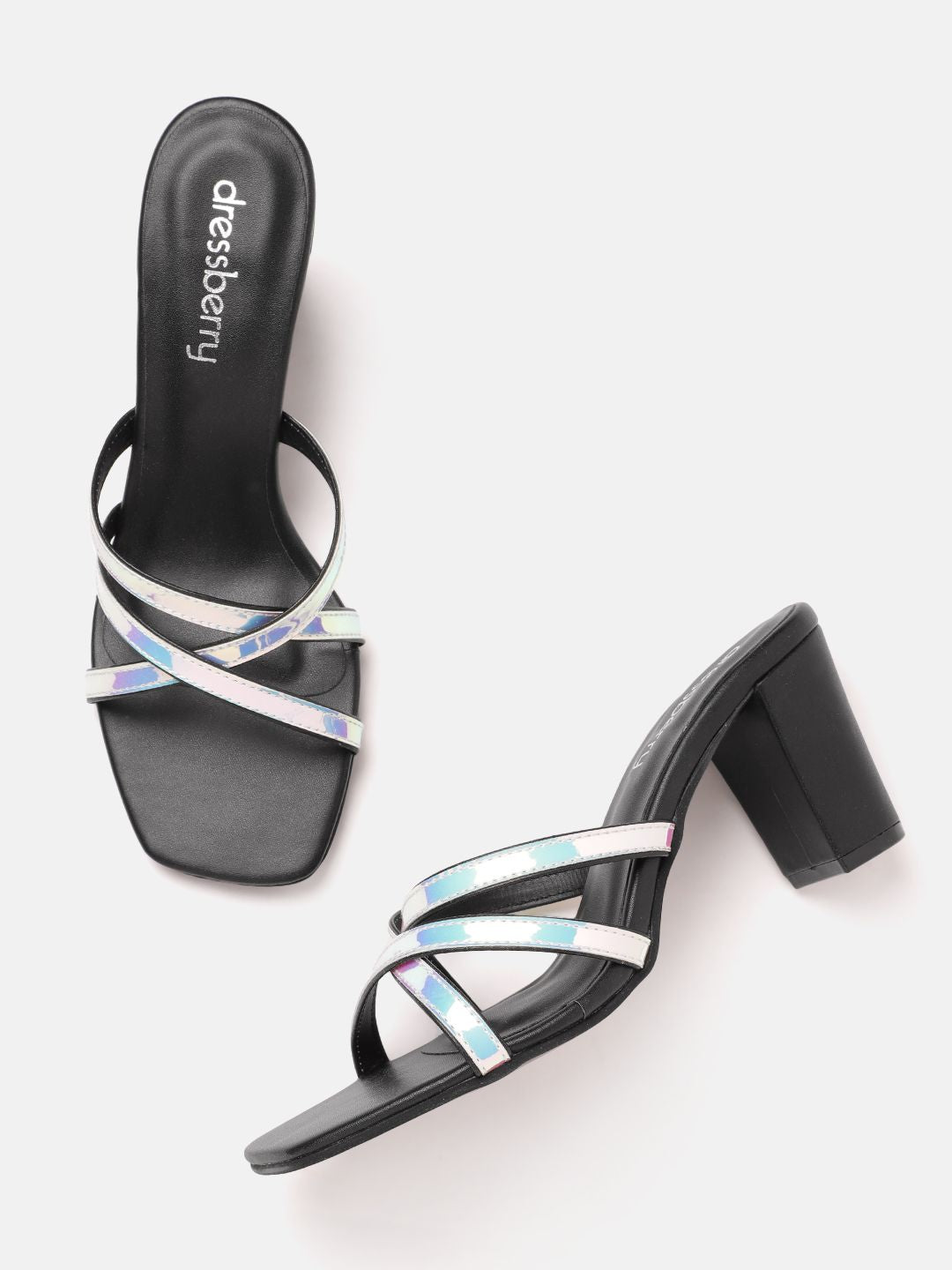 DressBerry Women Cross Straps Iridescent Effect Block Heels