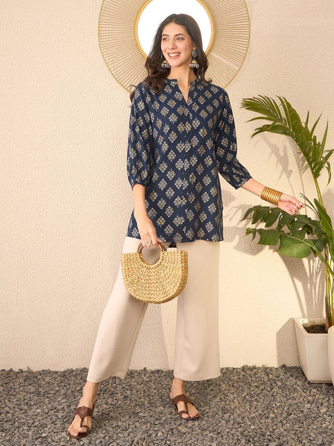 KALINI Floral Print Mandarin Collar Top