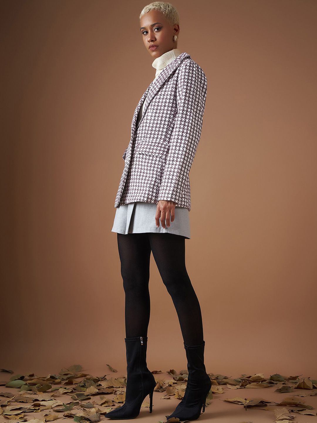 SASSAFRAS Burgundy Jacquard Tweed Peaked Lapel Long Sleeves Double-Breasted Casual Blazer