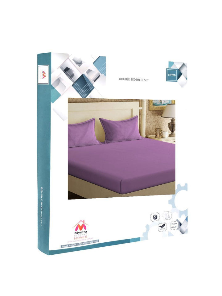 Myntra Elegant Homes Book Fold Purple Cotton 300 TC Fitted King Fine Bedsheet with 2 Pillow Covers-98 x 89 inches