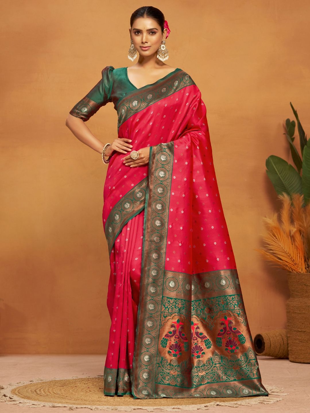 Kalini Silk Blend Woven Paithani Saree with Blouse Piece