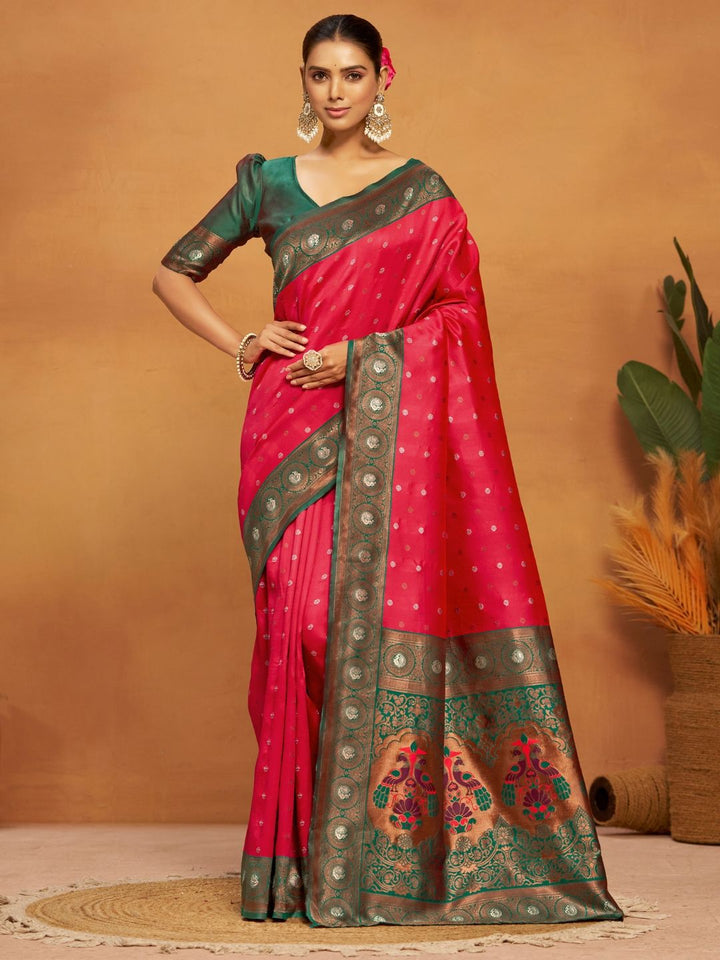 Kalini Silk Blend Woven Paithani Saree with Blouse Piece