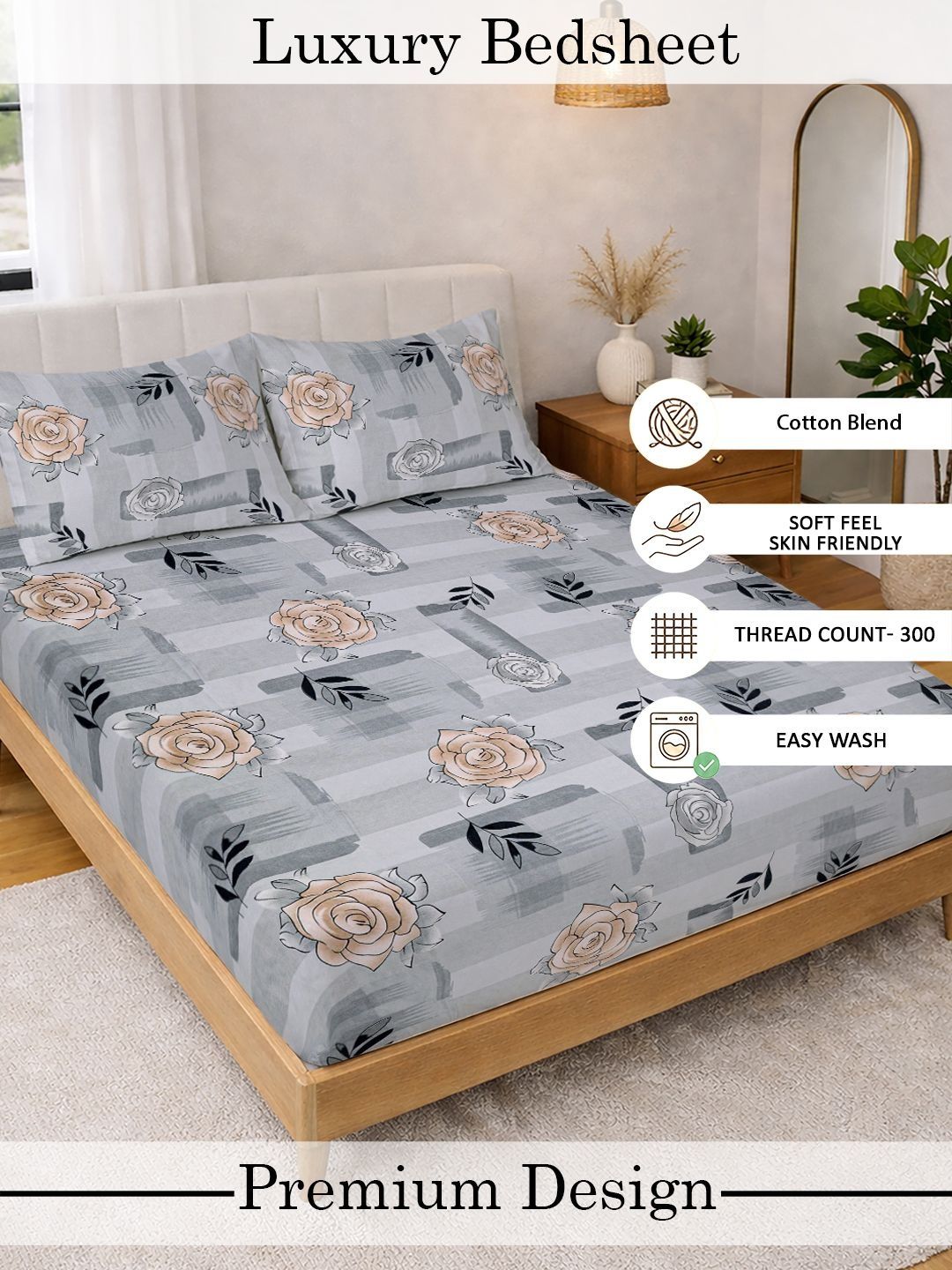 Myntra Elegant Homes Grey Floral 300 TC King Double Bedsheet dengan 2 Sarung Bantal