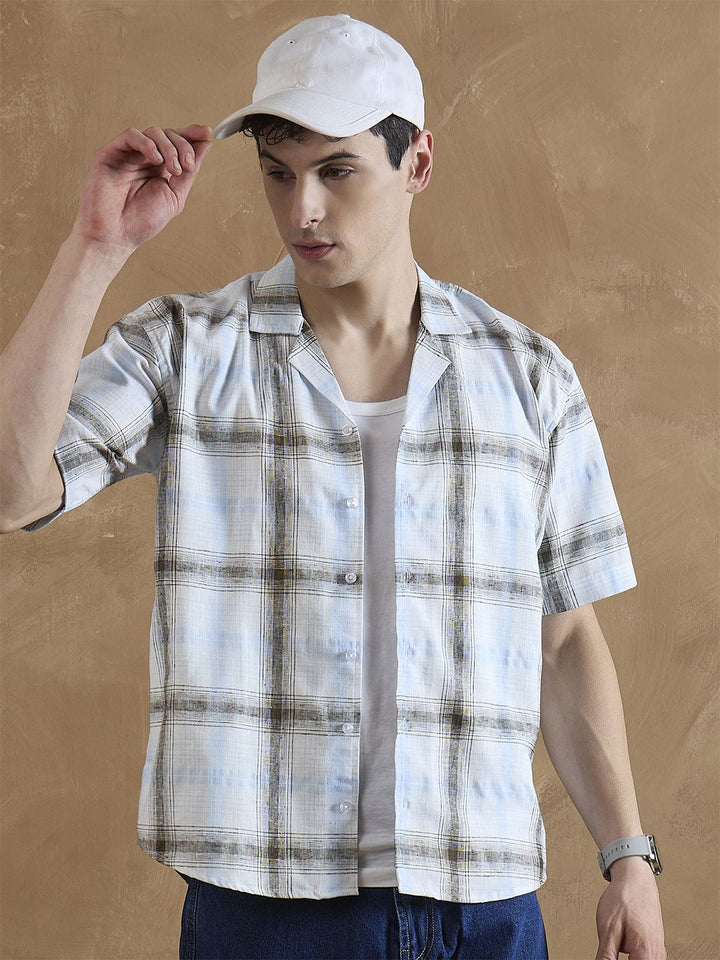 DENNISON Men White and Light Blue Checked Shirt
