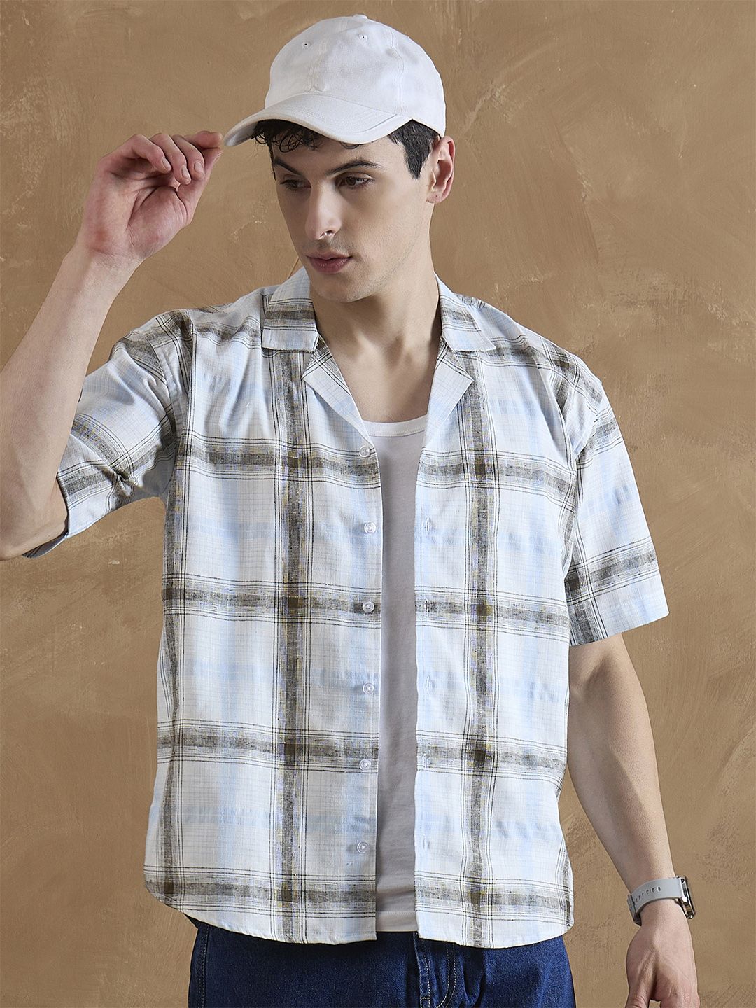 DENNISON Men White and Light Blue Checked Shirt