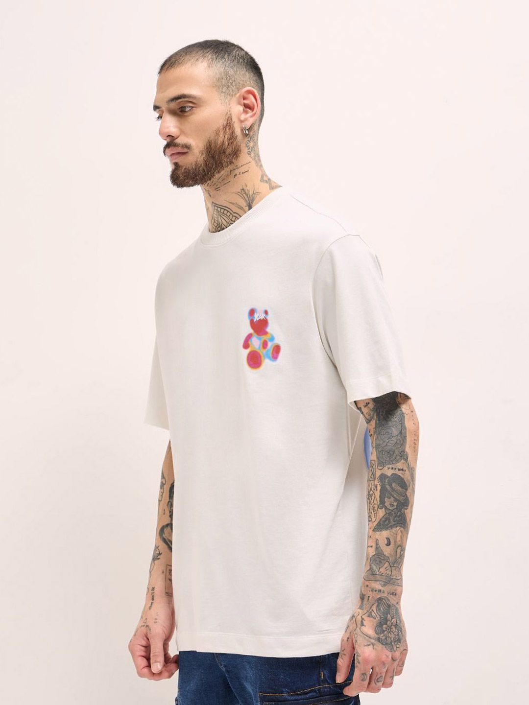 Tipografi Lelaki Bear House dicetak kapas leher bulat santai t-shirt