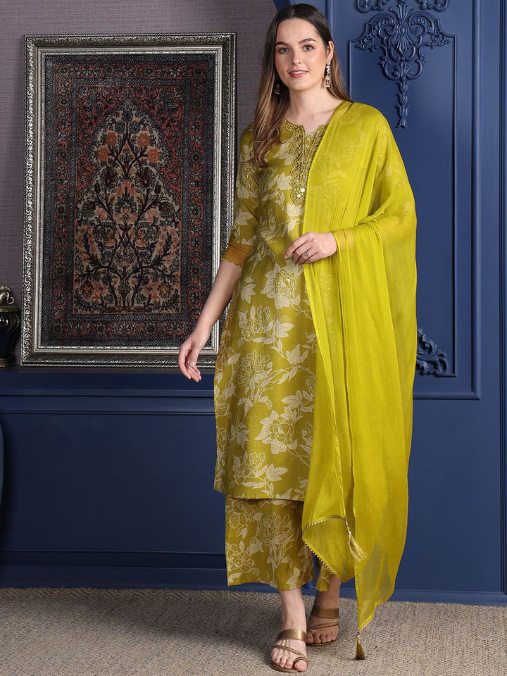 Kalini Floral Printed Notch Mirror Work Kurta Lurus Dengan Palazzo & Dupatta