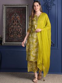 Kalini Floral Printed Notch Mirror Work Kurta Lurus Dengan Palazzo & Dupatta