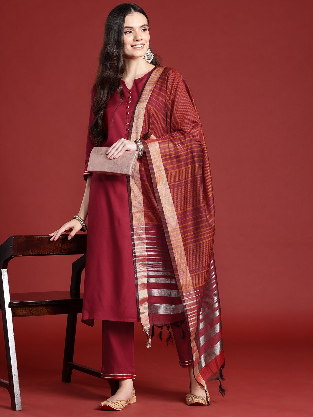 Anouk Straight Kurta & Trousers with Printed Dupatta