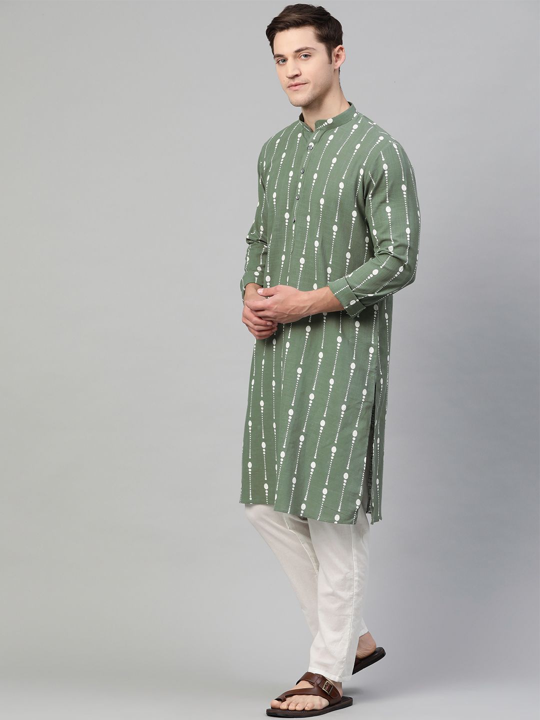 See Designs Men Green & White Printed Pure Cotton Straight Kurta