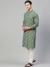 See Designs Men Green & White Printed Pure Cotton Straight Kurta