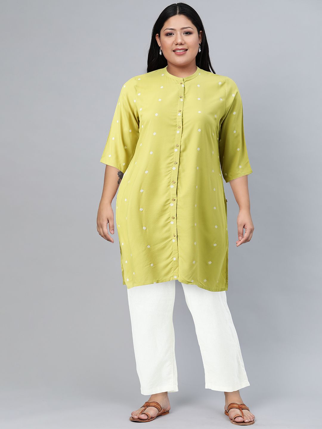 W Women Lime Green & Off-White Printed Straight Kurta