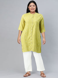 W Women Lime Green & Off-White Printed Straight Kurta