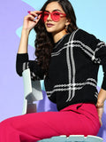 Berrylush Women Classy Black Checked Knits Bits Sweater