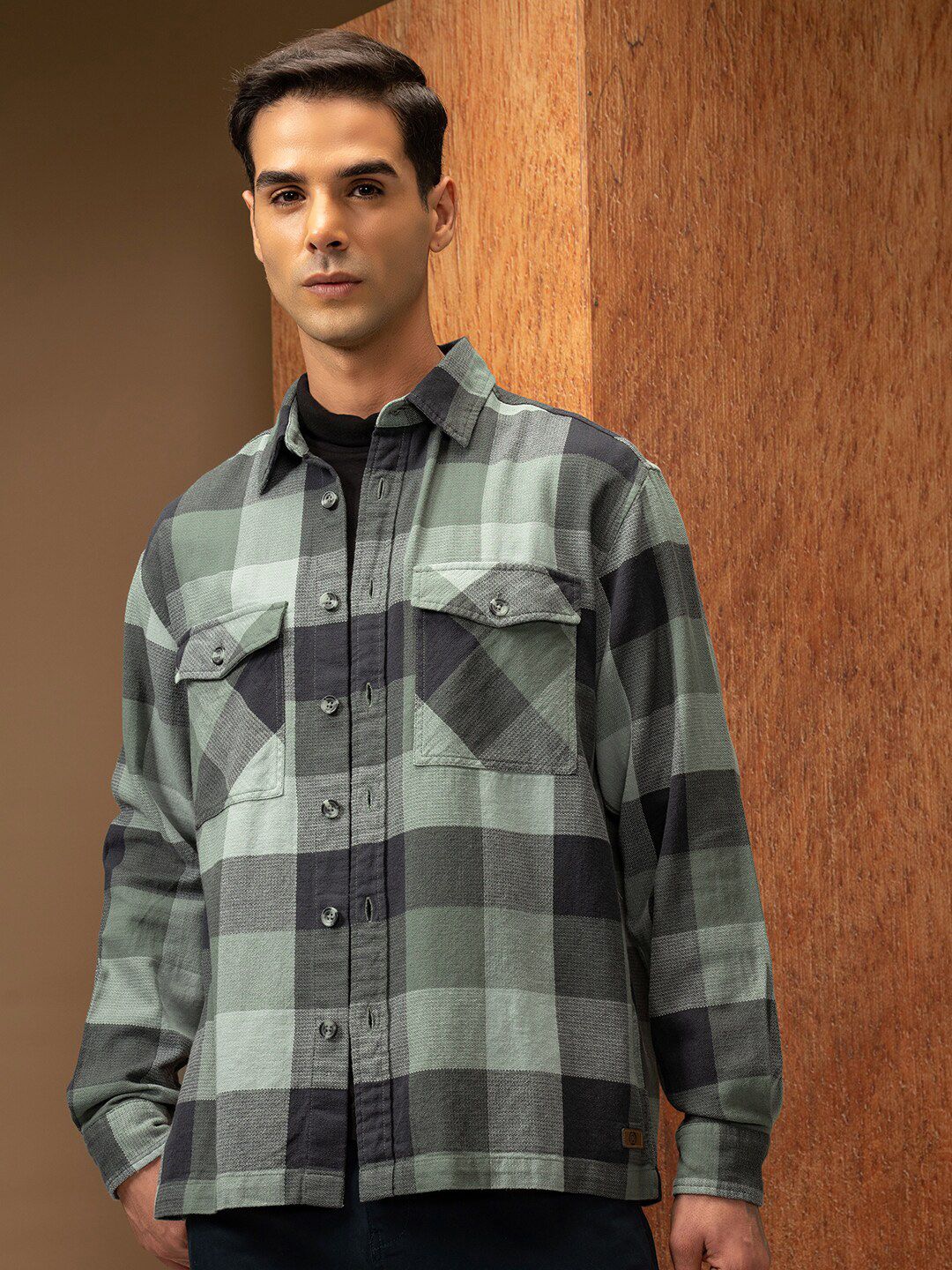 Locomotive Premium Men Green Oversized Dobby Textured Checked Utility Pocket Overshirt