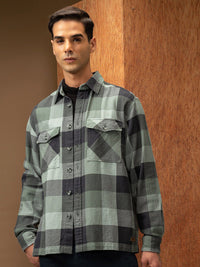 Locomotive Premium Men Green Oversized Dobby Textured Checked Utility Pocket Overshirt
