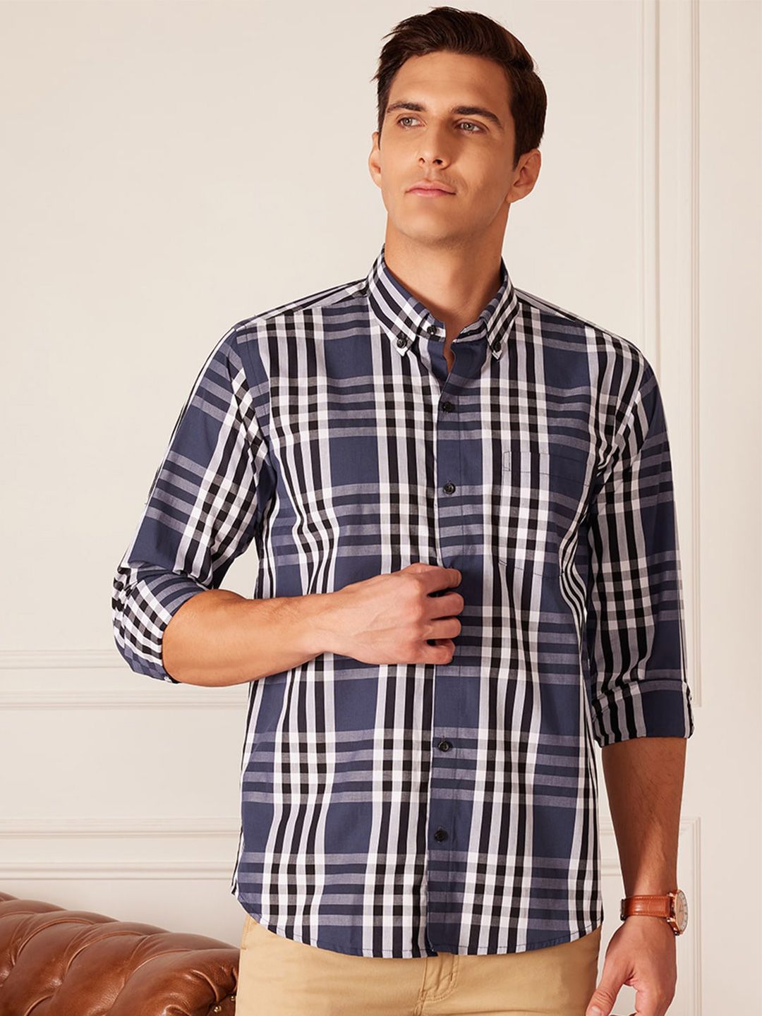 DENNISON Smart Tartan Checked Button-Down Collar Cotton Casual Shirt