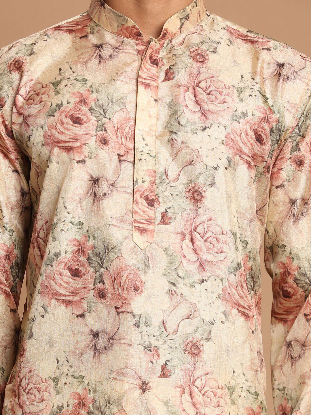 VASTRAMAY Men Beige Floral Printed Angrakha Kurta with Pyjamas