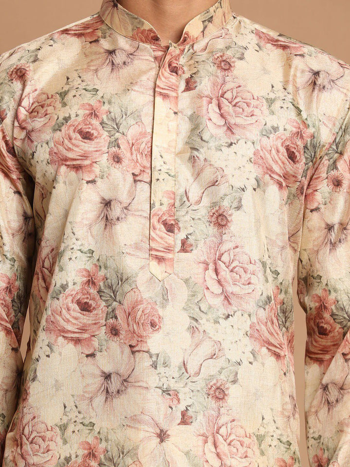 VASTRAMAY Men Beige Floral Printed Angrakha Kurta with Pyjamas