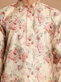 VASTRAMAY Men Beige Floral Printed Angrakha Kurta with Pyjamas