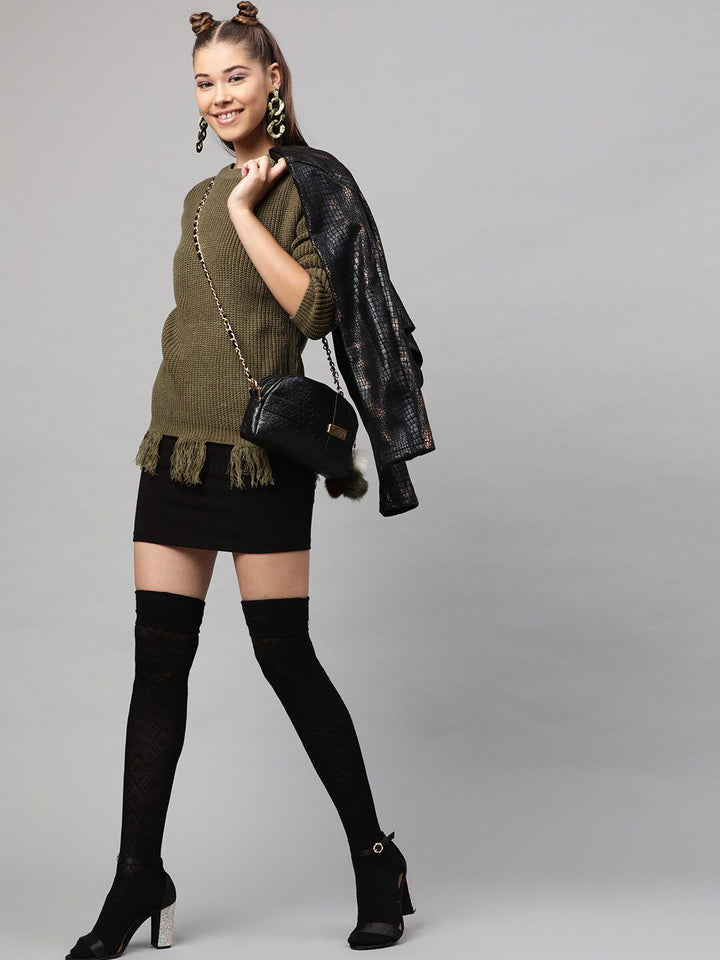 Street 9 Wanita Olive Hijau Green Ribbed Acrylic Sweater