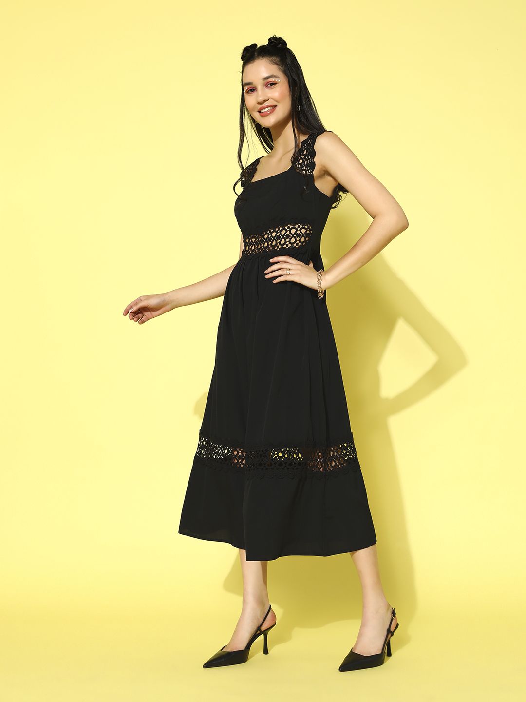 Berrylush Crepe Schiffli Fit & Flare Midi Dress