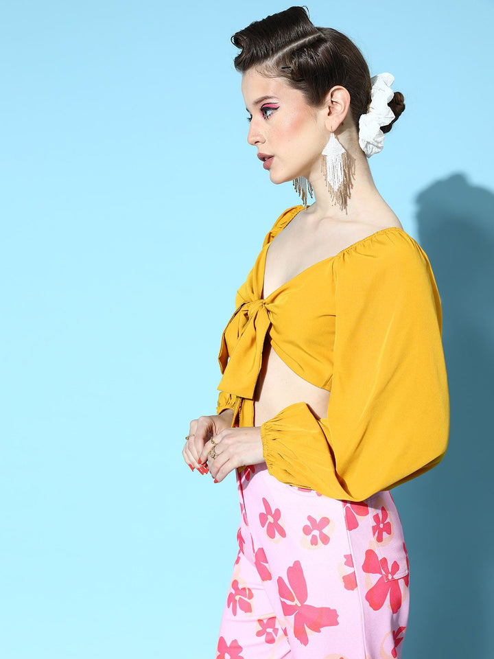 Berrylush Women Stylish Mustard Solid Wrap It Up Top