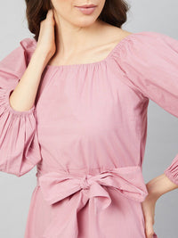 Athena Women Mauve Solid Cotton A-Line Dress
