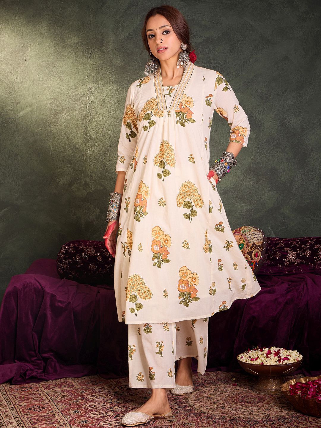 Indo Era Floral Printed Pure Cotton V-Neck A-Line Kurta With Palazzos