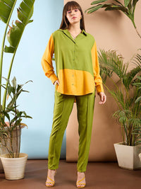 SASSAFRAS Olive Green Colourblocked Shirt With Trousers
