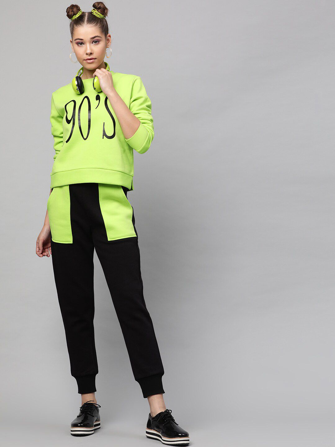 STREET 9 Women Fluorescent Green & Black Printed Sweatshirt