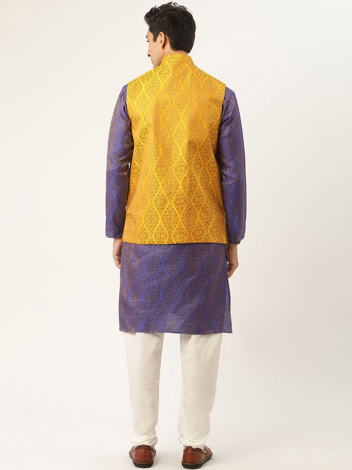 SOJANYA Men Blue Ethnic Motifs Jacquard Silk Kurta with Churidar & Nehru Jacket