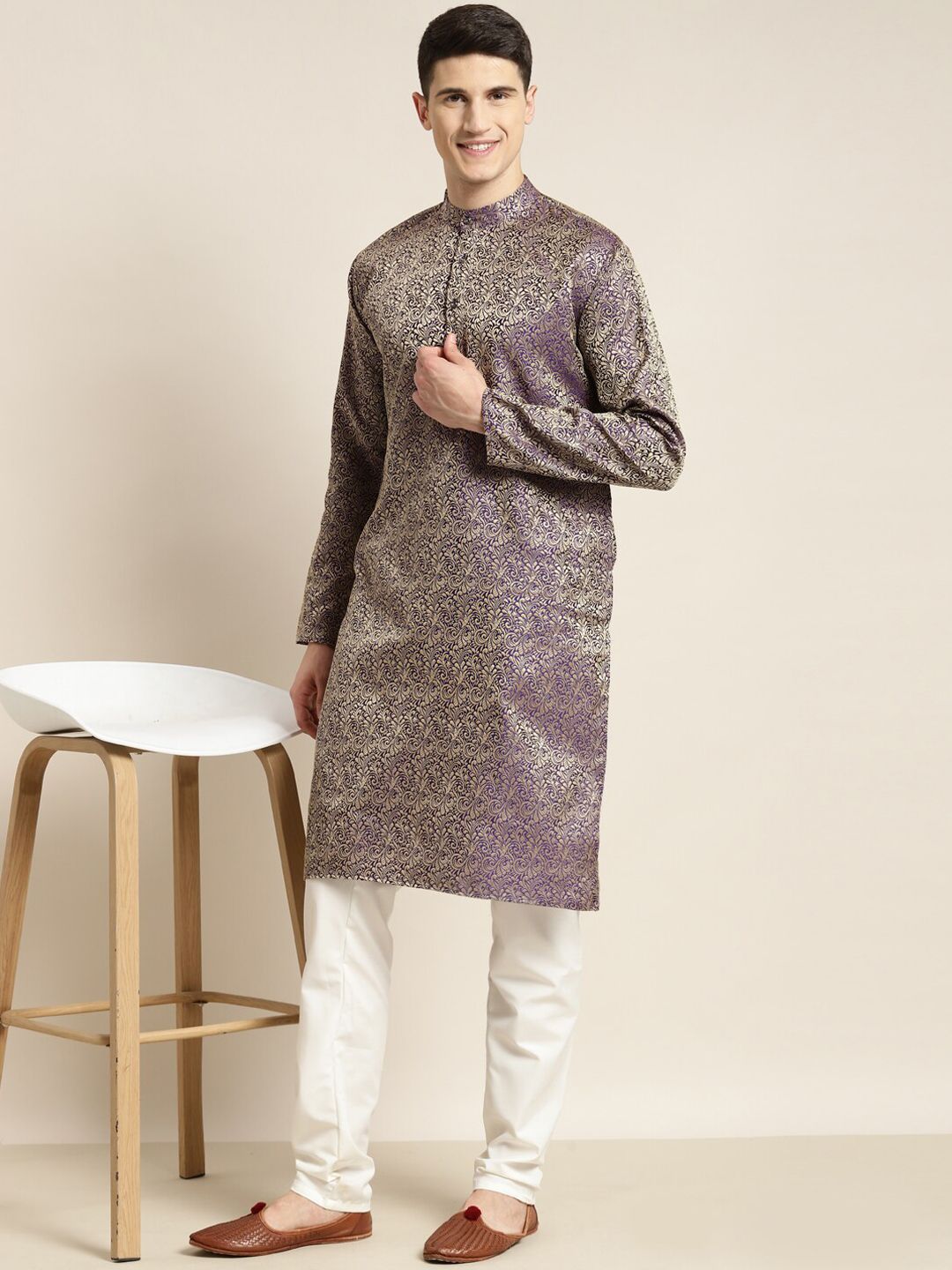 SOJANYA Ethnic Motif Woven Design Mandarin Collar Straight Kurta With Churidar