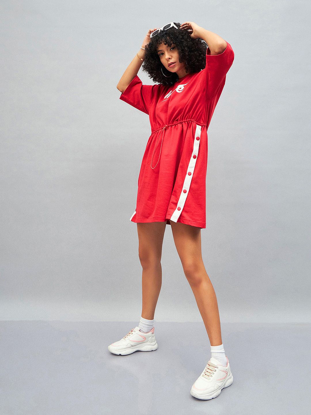 SASSAFRAS Red Knitted Hope Typography Printed Cotton T-shirt Mini Dress
