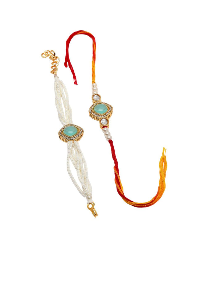 PANASH Set Of 2 Gold-Plated Stone-Studded & Beaded Rakhis With Roli Chawal