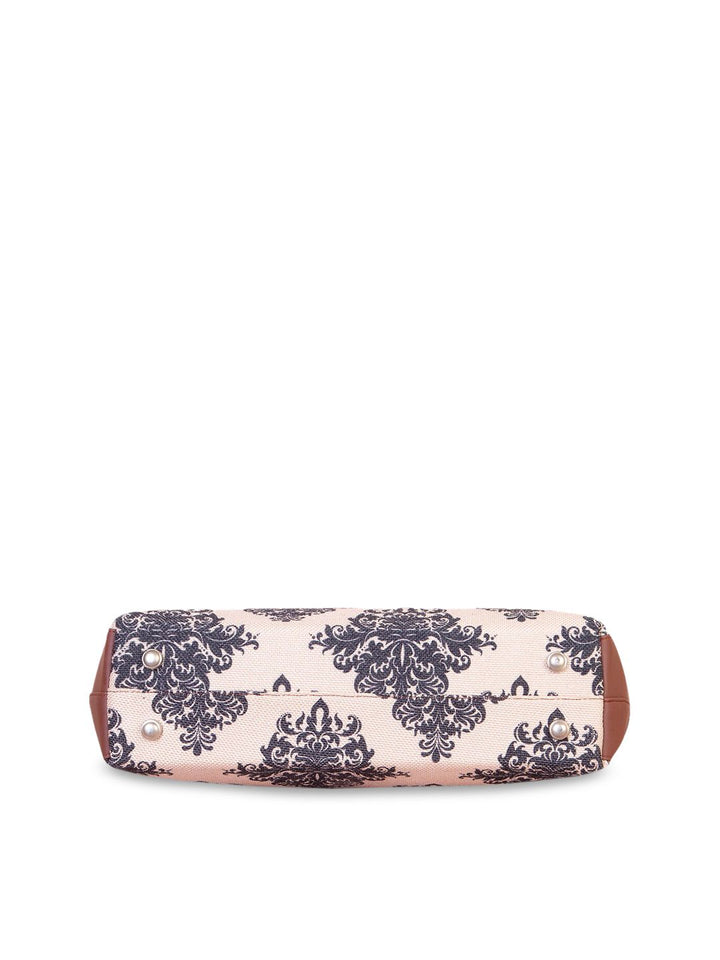 ZOUK Peach-Coloured Floral Printed Structured Tote Bag