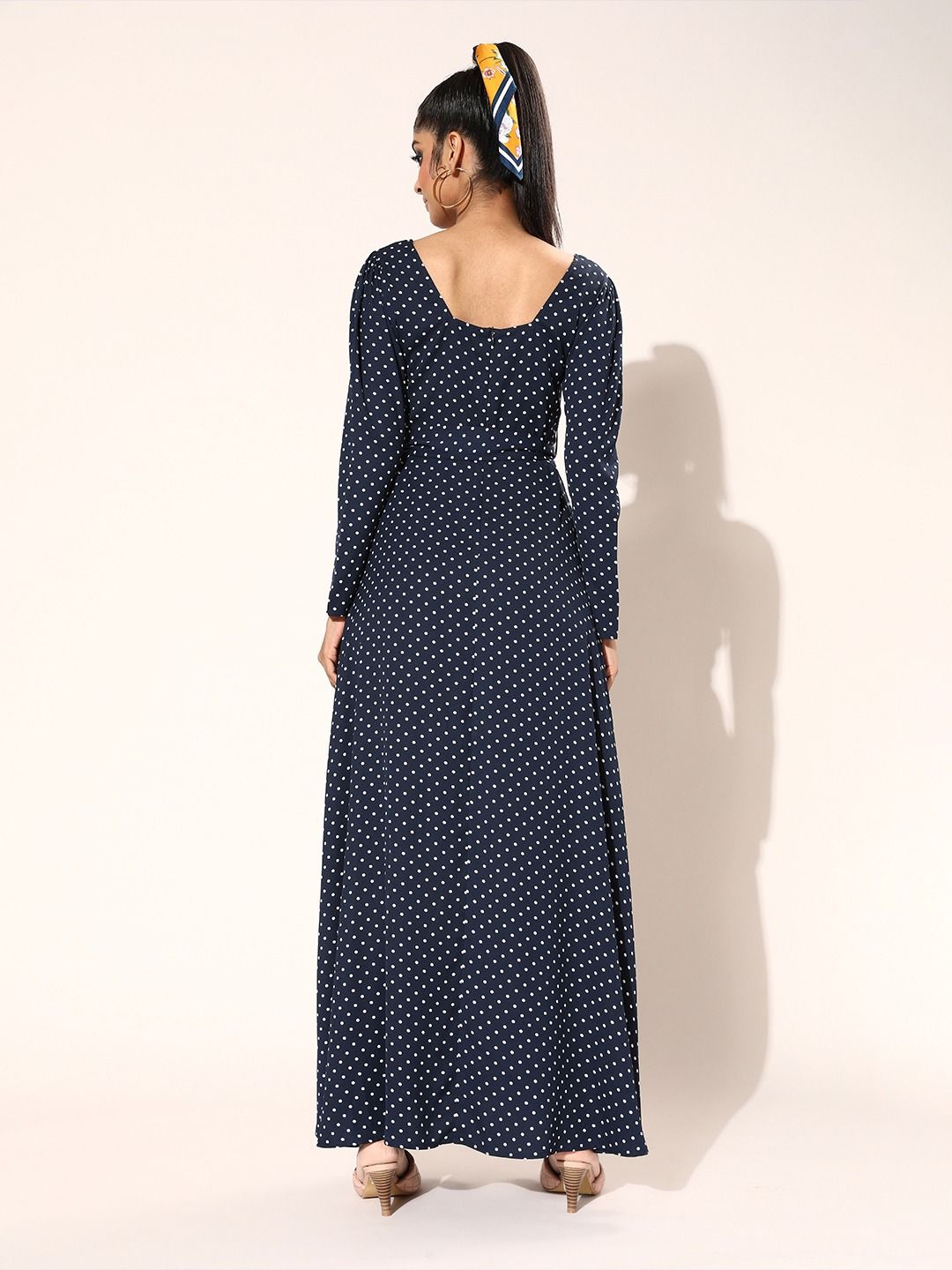 Berrylush Navy Blue & White Polka Dot Print Maxi Dress